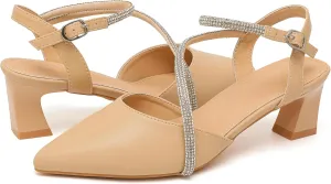 kkdom Women's Sparkle Rhinestone Slingback Low Kitten Heels Closed Pointed Toe Ankle Strap Dress Pump Shoes