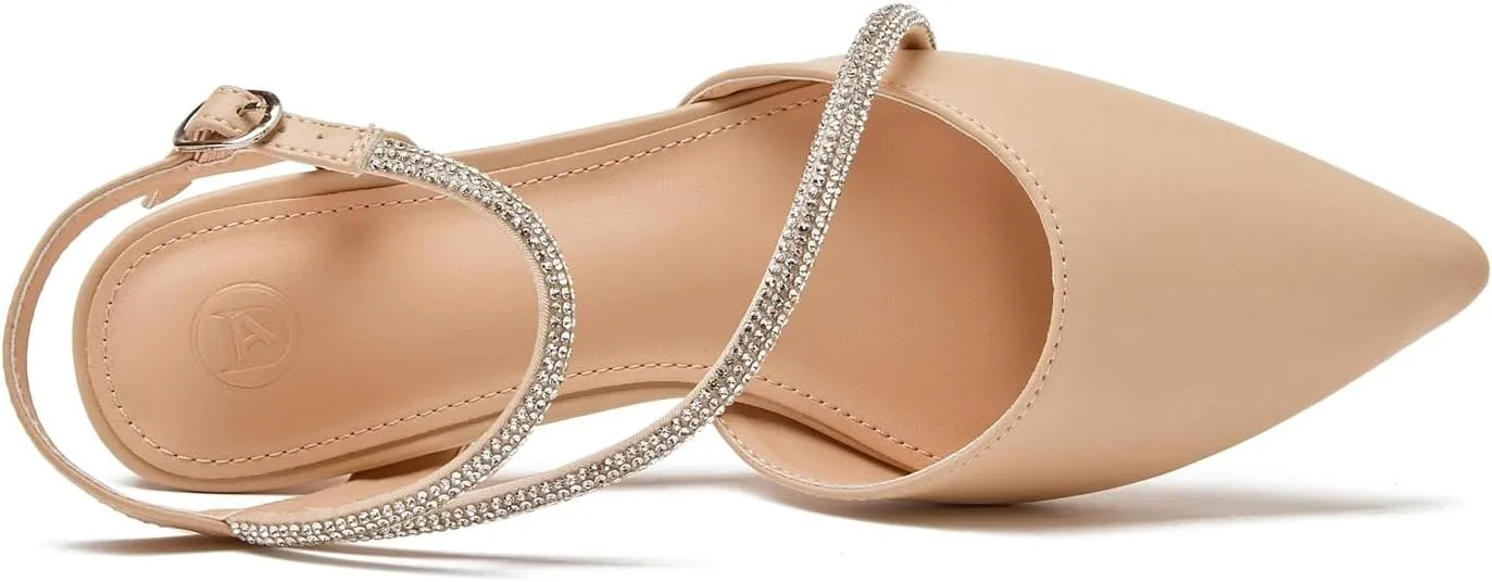 kkdom Women's Sparkle Rhinestone Slingback Low Kitten Heels Closed Pointed Toe Ankle Strap Dress Pump Shoes