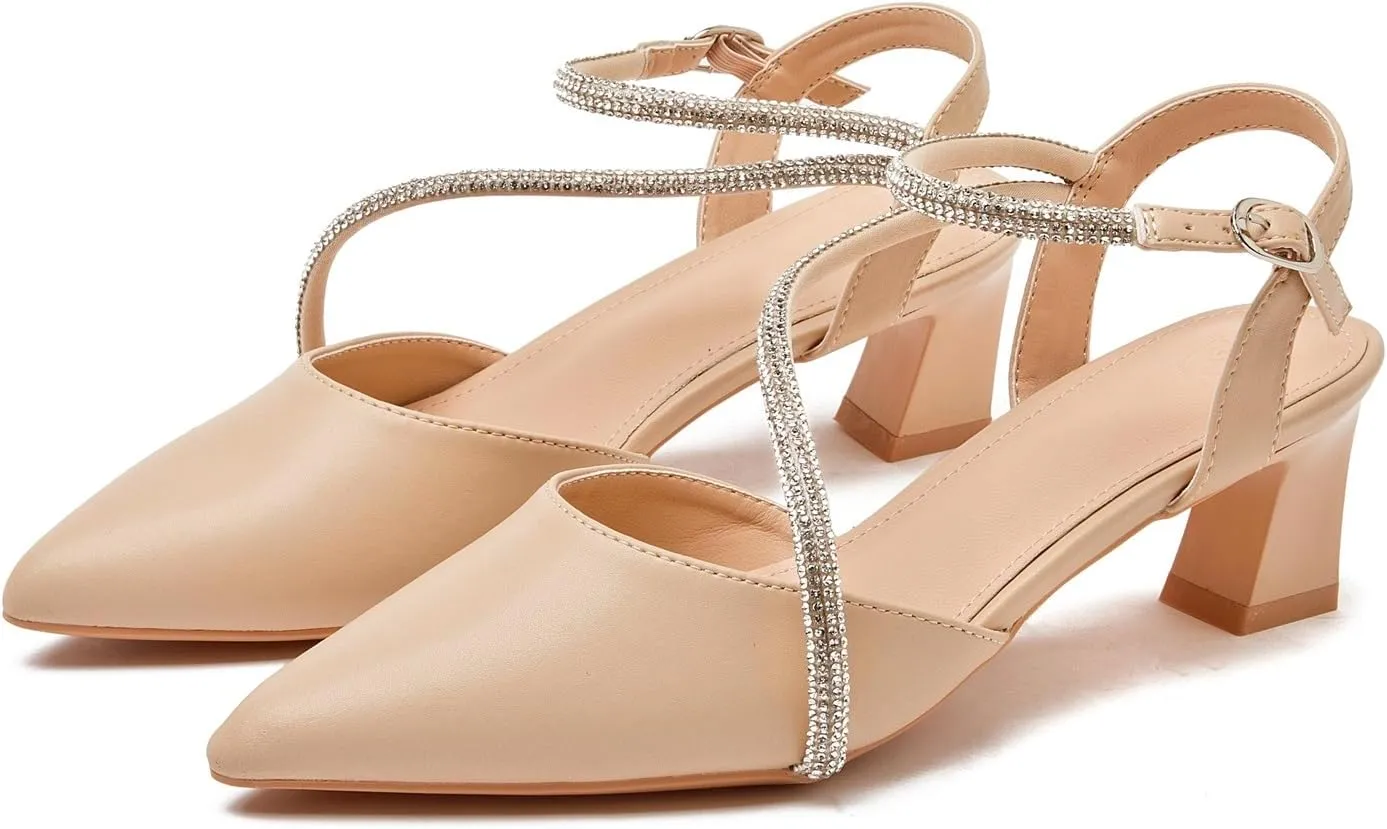 kkdom Women's Sparkle Rhinestone Slingback Low Kitten Heels Closed Pointed Toe Ankle Strap Dress Pump Shoes