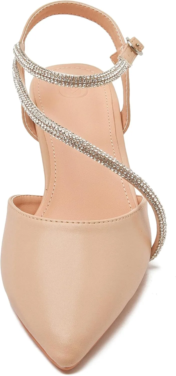 kkdom Women's Sparkle Rhinestone Slingback Low Kitten Heels Closed Pointed Toe Ankle Strap Dress Pump Shoes