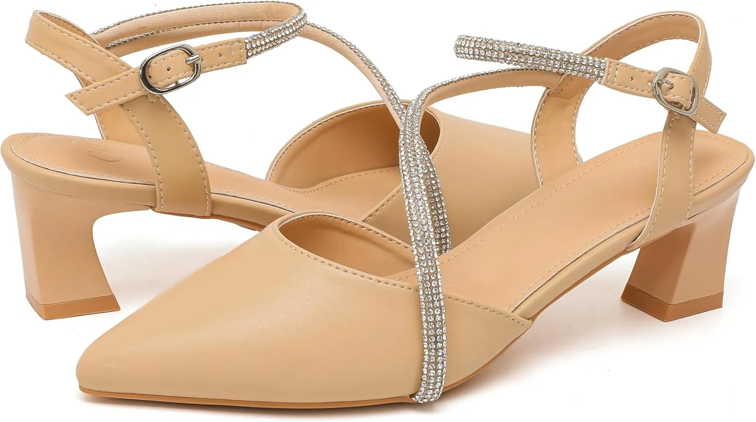kkdom Women's Sparkle Rhinestone Slingback Low Kitten Heels Closed Pointed Toe Ankle Strap Dress Pump Shoes