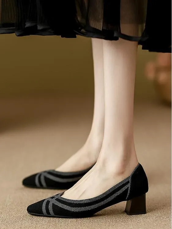 Knitted Pointed Toe Low Heel Shoes