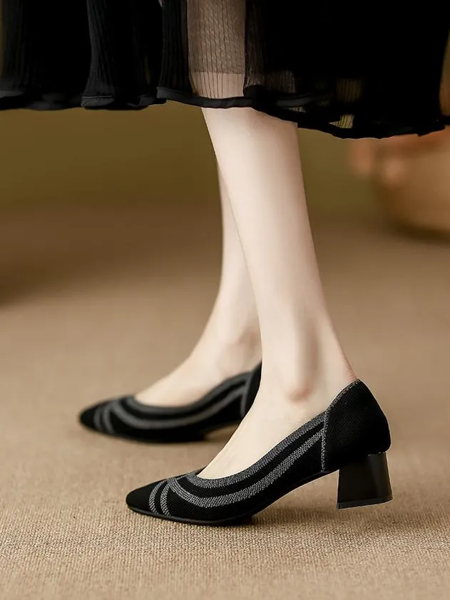 Knitted Pointed Toe Low Heel Shoes
