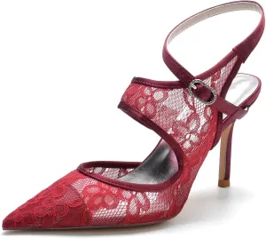 Lace-Embellished Bridal Shoes for Women - Pointed Toe Stiletto Heels with Adjustable Ankle Strap, Wedding Ceremony Pumps for Bride, Reception, Prom
