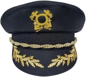 Lancaster Vintage Boat Captain Hat, Navy Blue with Gold Embroidered Details, Skipper Cap