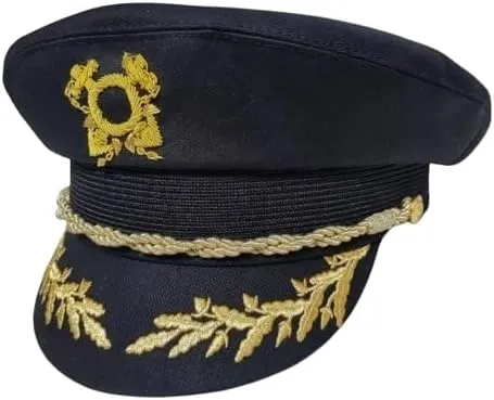 Lancaster Vintage Boat Captain Hat, Navy Blue with Gold Embroidered Details, Skipper Cap