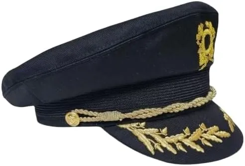 Lancaster Vintage Boat Captain Hat, Navy Blue with Gold Embroidered Details, Skipper Cap