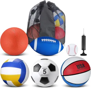 Libima 6 Pcs Multi Sport Ball Set Official Size Football, Basketball, Soccer, Volleyball, Playground Ball, Baseball with Sports Equipment Bag Pump for Teen Adult Back to School
