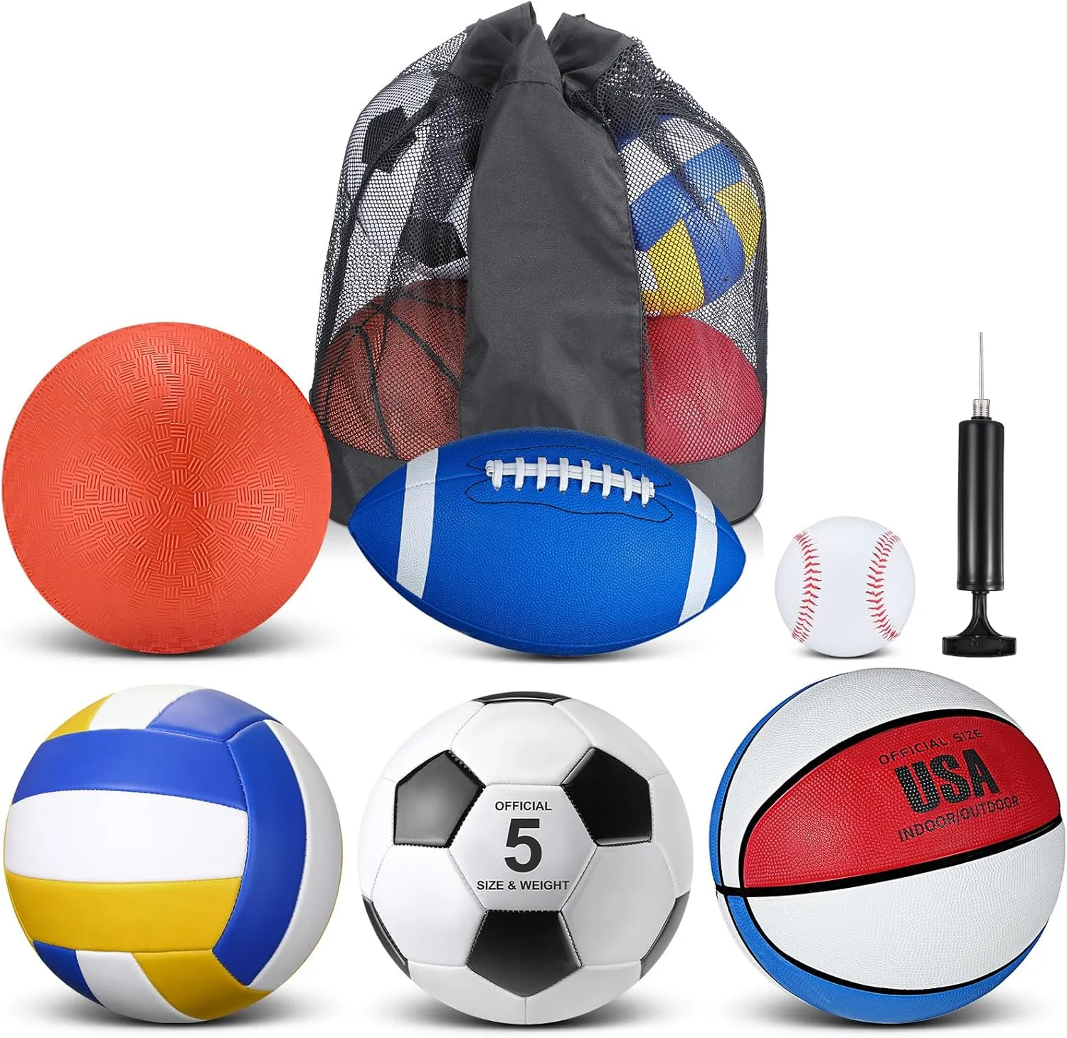 Libima 6 Pcs Multi Sport Ball Set Official Size Football, Basketball, Soccer, Volleyball, Playground Ball, Baseball with Sports Equipment Bag Pump for Teen Adult Back to School