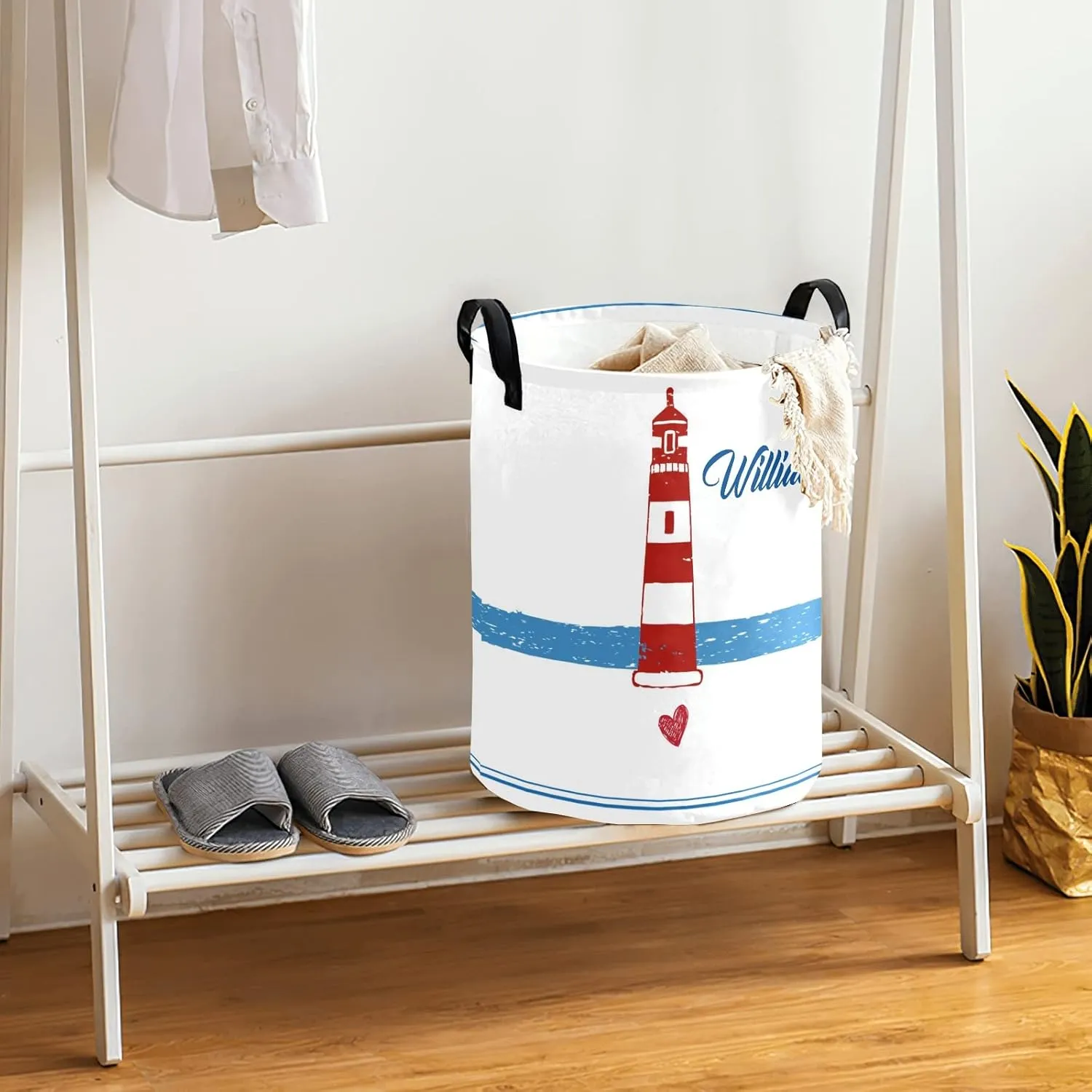 Lighthouse Art Personalized Waterproof Foldable Laundry Basket Bag with Handle, Custom Collapsible Clothes Hamper Storage Bin for Toys Laundry Dorm Travel Bathroom