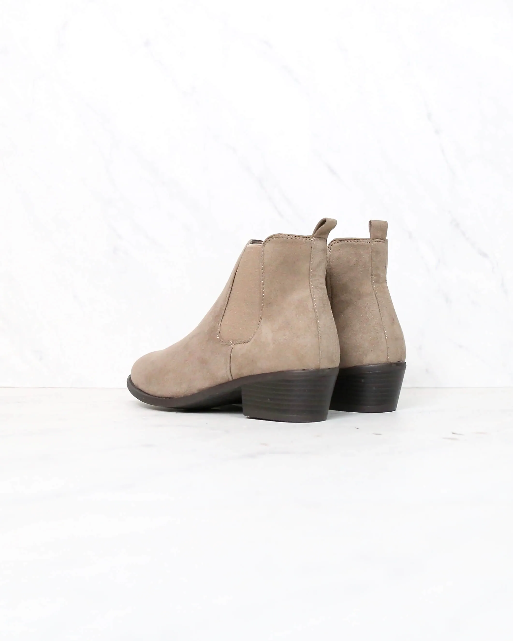 Low Heel Slip On Solid Faux Suede Ankle Booties - Taupe