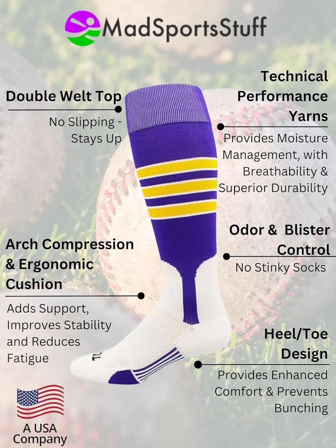 MadSportsStuff Baseball and Softball Stirrup Socks with Stripes Featheredge for Boys Girls Men Women Youth Adult Teams