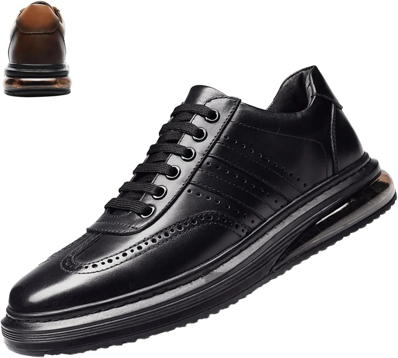 Men's Air Cushion Dress Leather Shoes,Lightweight Comfort Trendy Wingtip Carving Lace-up Casual Business Oxford Sneakers