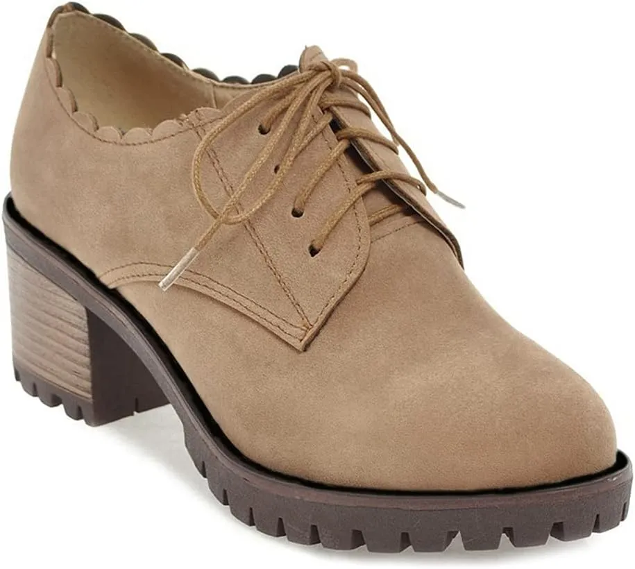 MIOKE Women's Round Toe Lace Up Pump Oxfords Casual Platform Chunky Mid Heel Vintage Brogues Dress Shoes Brown