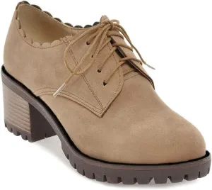 MIOKE Women's Round Toe Lace Up Pump Oxfords Casual Platform Chunky Mid Heel Vintage Brogues Dress Shoes Brown