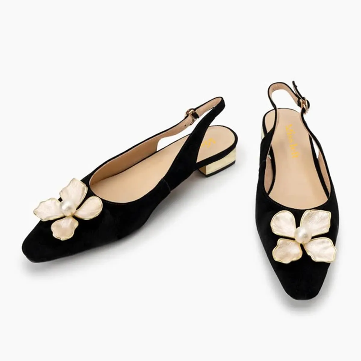miss left Women Elegant Pearl Flower Closed Toe Slingback Pumps Block Low Heel Backstrap Buckle Daily Office Dress Shoes Size 4-16 US