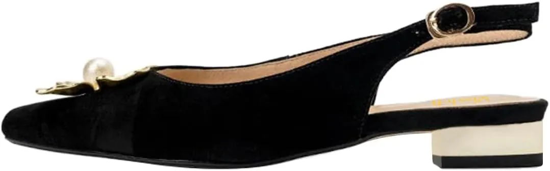 miss left Women Elegant Pearl Flower Closed Toe Slingback Pumps Block Low Heel Backstrap Buckle Daily Office Dress Shoes Size 4-16 US
