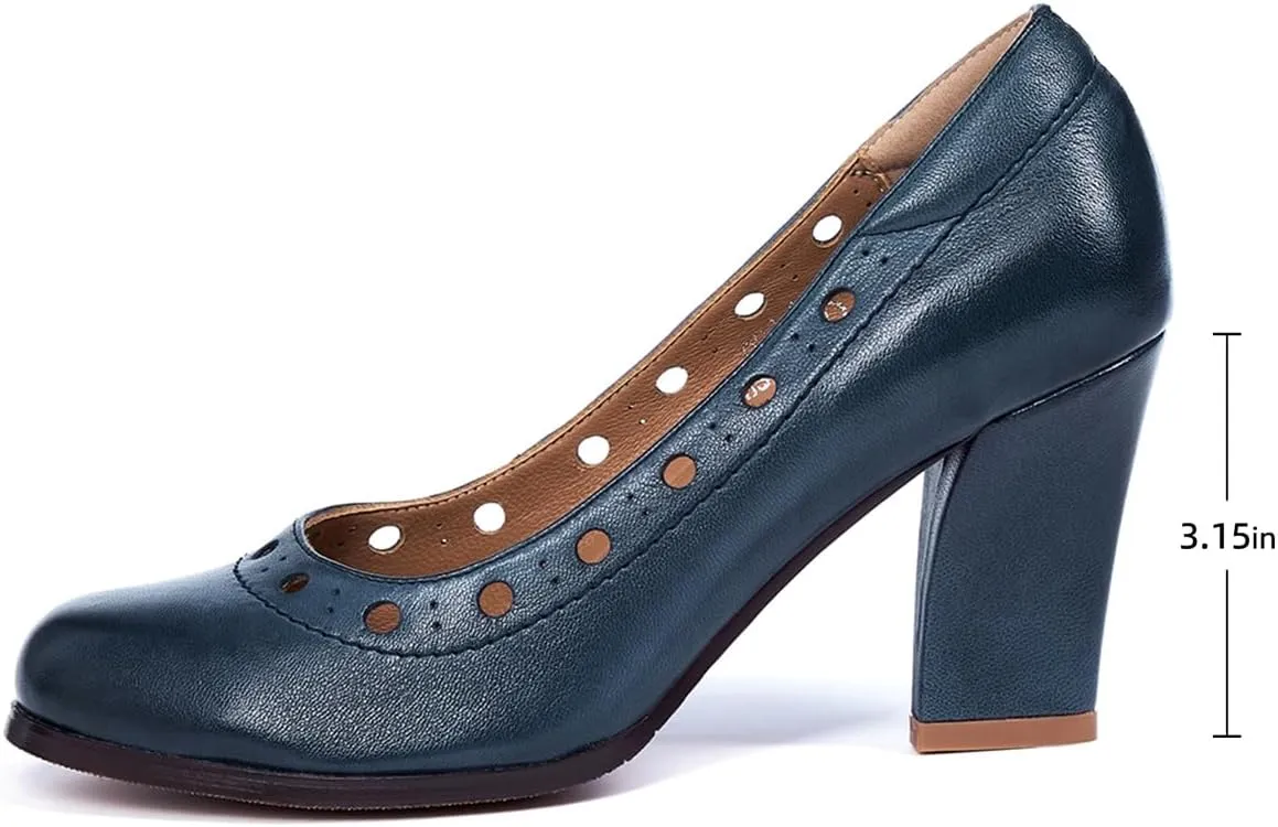Mona flying Women's Leather Closed Round Toe 3 inch Chunky High Heel Pumps Office Work Dress Shoes for Ladies