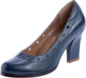 Mona flying Women's Leather Closed Round Toe 3 inch Chunky High Heel Pumps Office Work Dress Shoes for Ladies