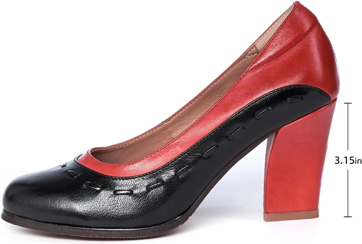 Mona flying Women's Leather Closed Round Toe 3 inch Chunky High Heel Pumps Office Work Dress Shoes for Ladies