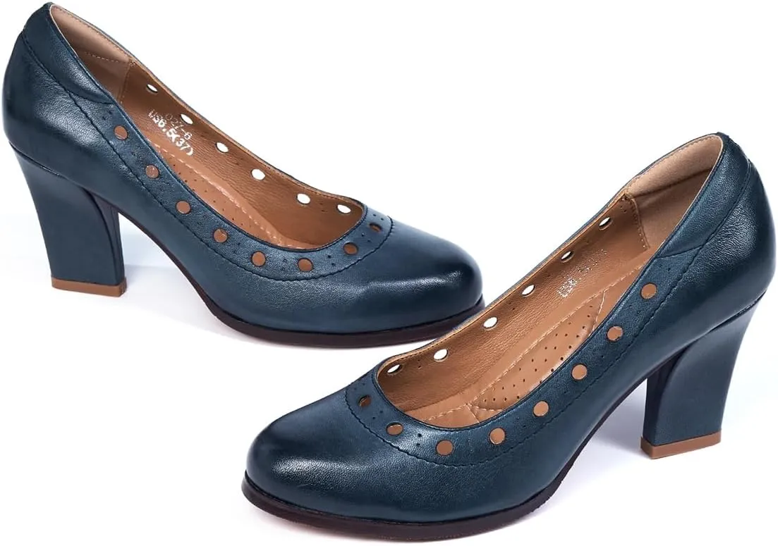 Mona flying Women's Leather Closed Round Toe 3 inch Chunky High Heel Pumps Office Work Dress Shoes for Ladies