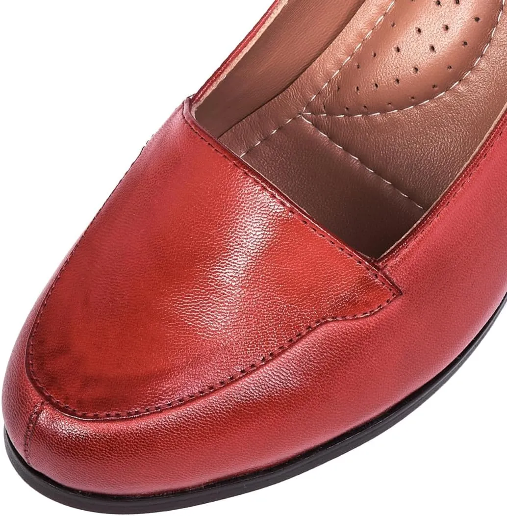 Mona flying Women's Leather Closed Round Toe Chunky High Heel Pumps Formal Court Shoes Office Work Dress Shoes for Ladies