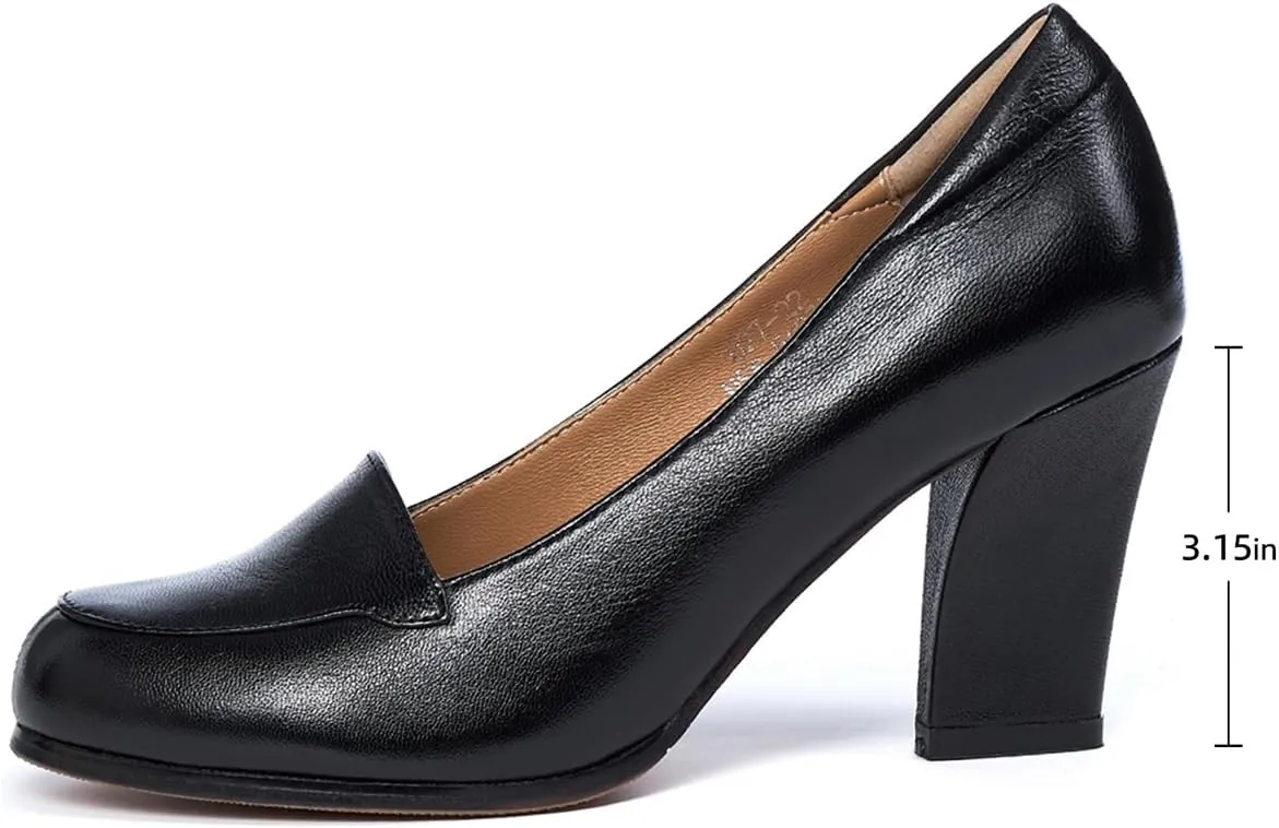 Mona flying Women's Leather Closed Round Toe Chunky High Heel Pumps Formal Court Shoes Office Work Dress Shoes for Ladies