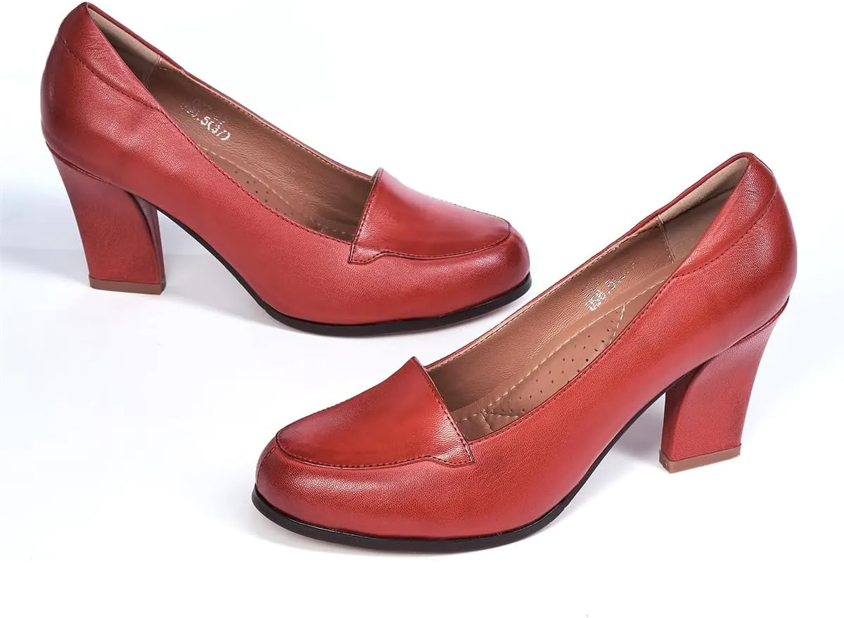 Mona flying Women's Leather Closed Round Toe Chunky High Heel Pumps Formal Court Shoes Office Work Dress Shoes for Ladies