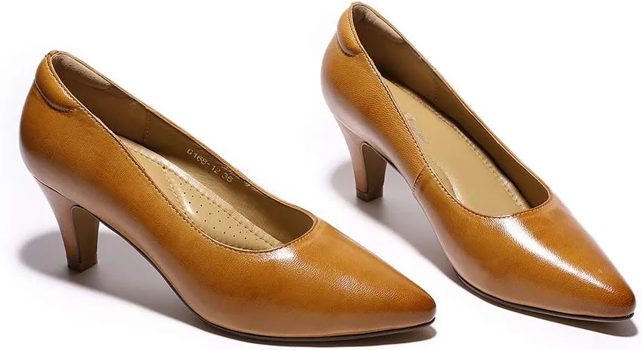 Mona flying Women's Leather Comfort Closed Pointed Toe Pumps Womens High Heels Work Office Dress Shoes for Ladies
