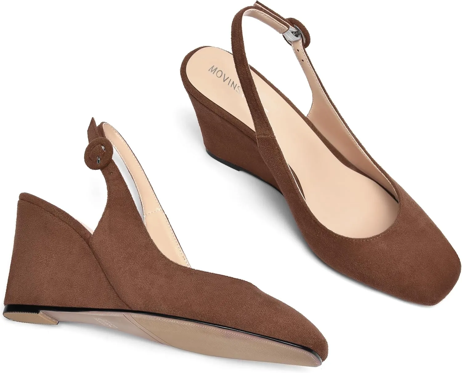 MOVINSTEPS Womens Solid Suede Square Toe Wedding Adjustable Strap Sexy Buckle Wedge High Heel Pumps Shoes 3.3 Inch