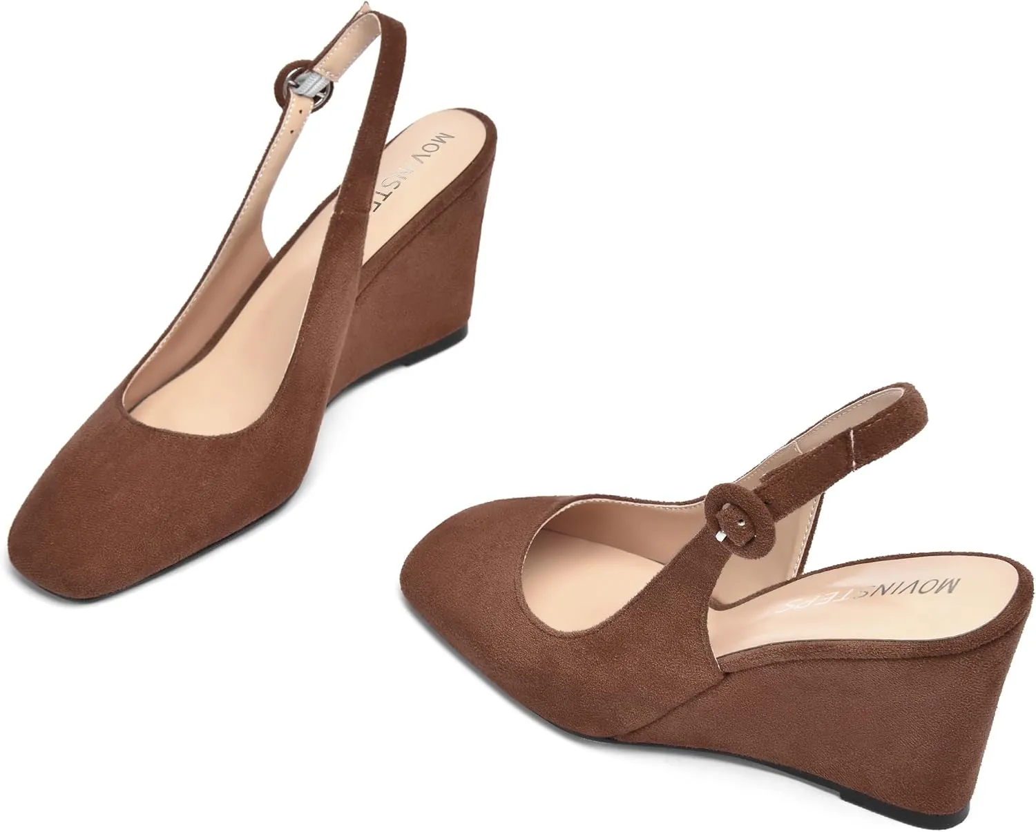 MOVINSTEPS Womens Solid Suede Square Toe Wedding Adjustable Strap Sexy Buckle Wedge High Heel Pumps Shoes 3.3 Inch