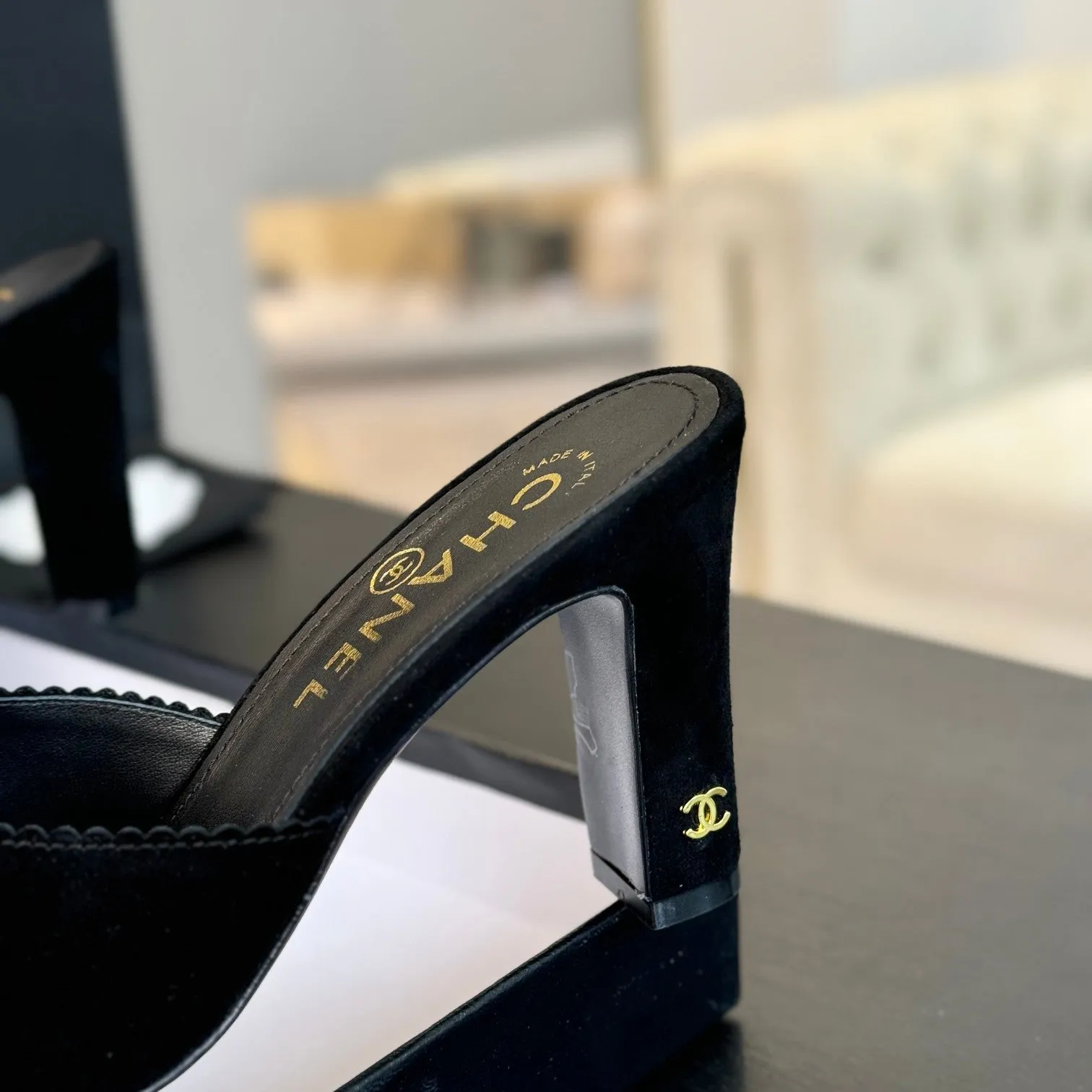 mule sandal flower high heel 80 black suede