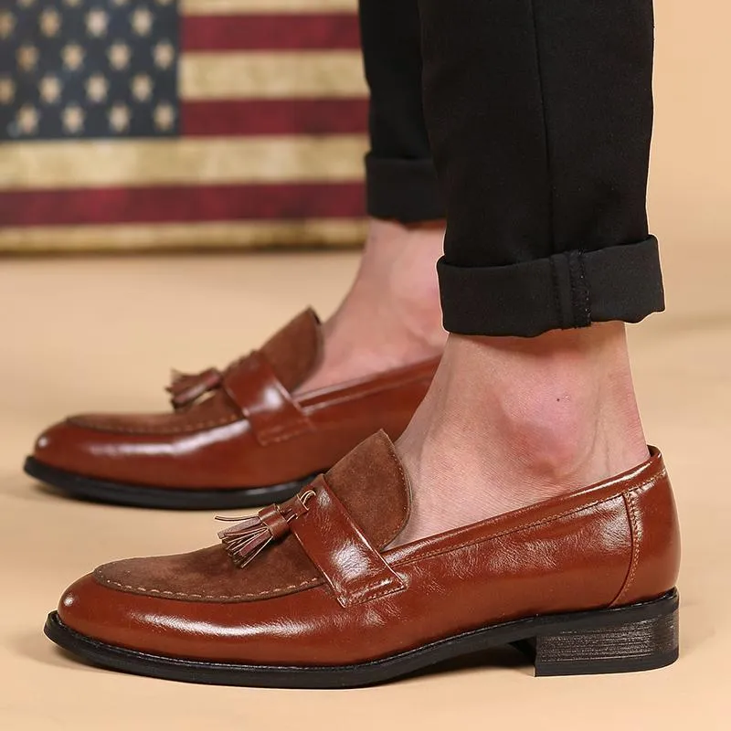 New Arrival Men Brown Boat Shoes Fashion Pointed Toe Suede Tassel Business Leisure Leather Shoes Slip On Loafer Black-Unique and Classy