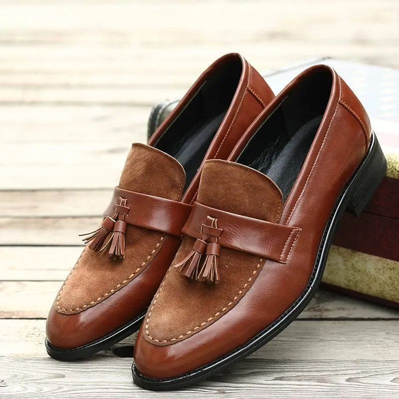 New Arrival Men Brown Boat Shoes Fashion Pointed Toe Suede Tassel Business Leisure Leather Shoes Slip On Loafer Black-Unique and Classy