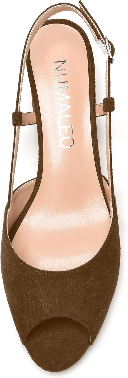 NUMALEO Womens Party Suede Buckle Comfortable Slingback Peep Toe Sexy Chunky Low Heel Pumps Shoes 2 Inch