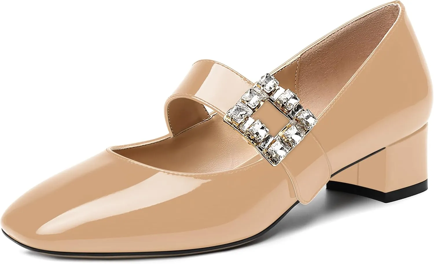NUMALEO Womens Rhinestone Ankle Strap Wedding Dress Square Toe Patent Bungee Solid Chunky Low Heel Pumps Shoes 1.5 Inch