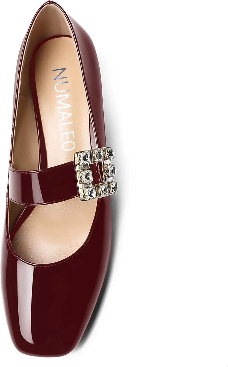 NUMALEO Womens Rhinestone Ankle Strap Wedding Dress Square Toe Patent Bungee Solid Chunky Low Heel Pumps Shoes 1.5 Inch