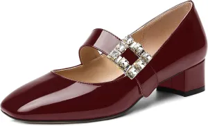 NUMALEO Womens Rhinestone Ankle Strap Wedding Dress Square Toe Patent Bungee Solid Chunky Low Heel Pumps Shoes 1.5 Inch