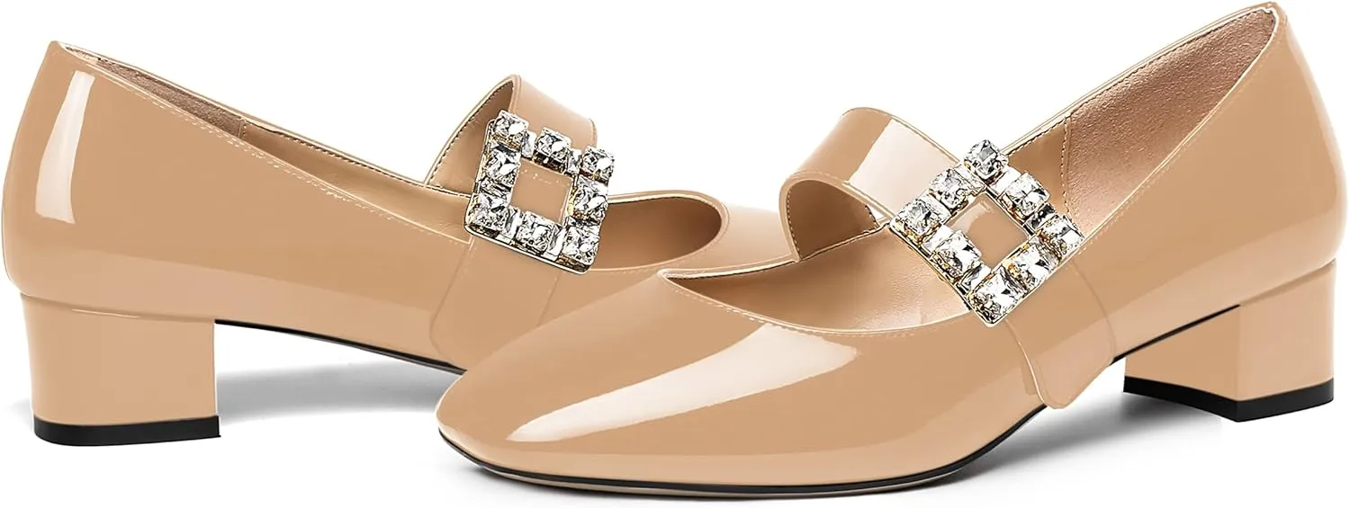 NUMALEO Womens Rhinestone Ankle Strap Wedding Dress Square Toe Patent Bungee Solid Chunky Low Heel Pumps Shoes 1.5 Inch