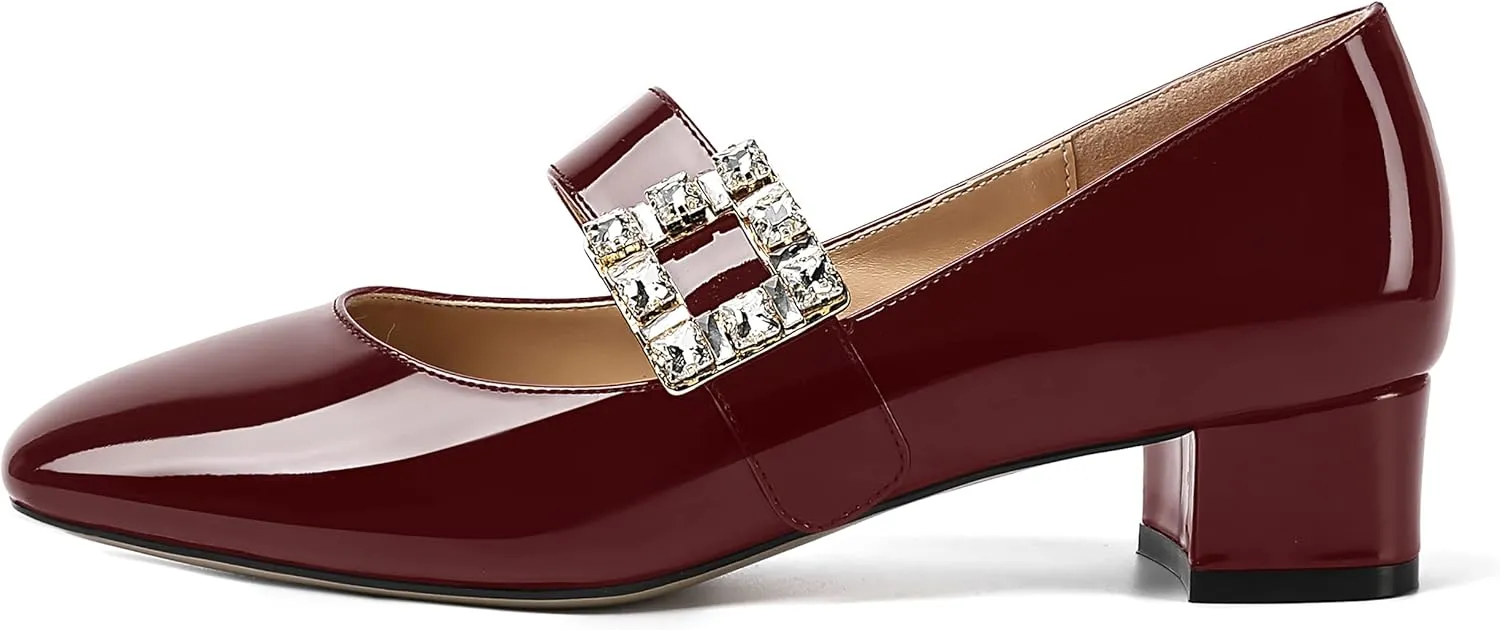 NUMALEO Womens Rhinestone Ankle Strap Wedding Dress Square Toe Patent Bungee Solid Chunky Low Heel Pumps Shoes 1.5 Inch