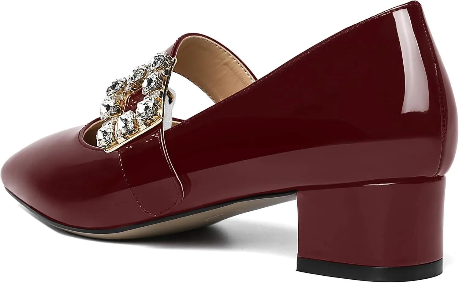 NUMALEO Womens Rhinestone Ankle Strap Wedding Dress Square Toe Patent Bungee Solid Chunky Low Heel Pumps Shoes 1.5 Inch