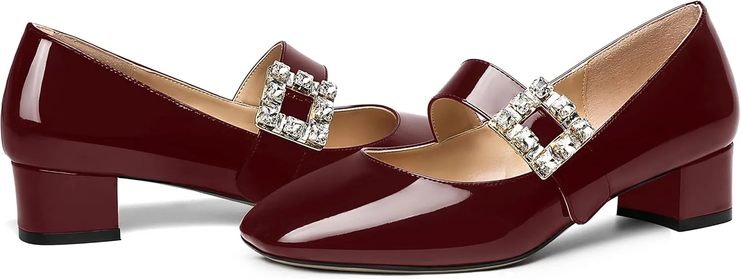NUMALEO Womens Rhinestone Ankle Strap Wedding Dress Square Toe Patent Bungee Solid Chunky Low Heel Pumps Shoes 1.5 Inch