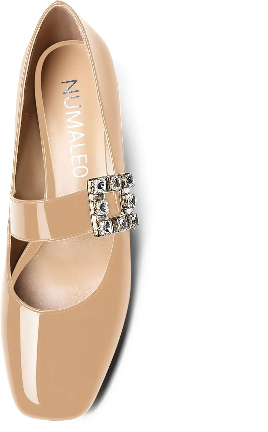 NUMALEO Womens Rhinestone Ankle Strap Wedding Dress Square Toe Patent Bungee Solid Chunky Low Heel Pumps Shoes 1.5 Inch