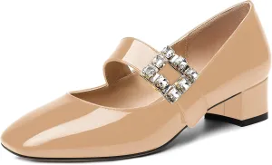 NUMALEO Womens Rhinestone Ankle Strap Wedding Dress Square Toe Patent Bungee Solid Chunky Low Heel Pumps Shoes 1.5 Inch