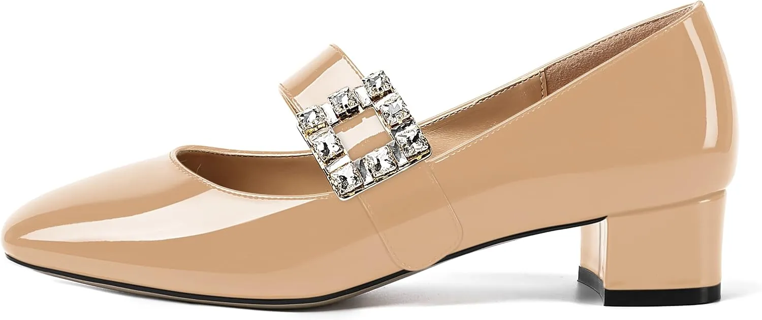 NUMALEO Womens Rhinestone Ankle Strap Wedding Dress Square Toe Patent Bungee Solid Chunky Low Heel Pumps Shoes 1.5 Inch