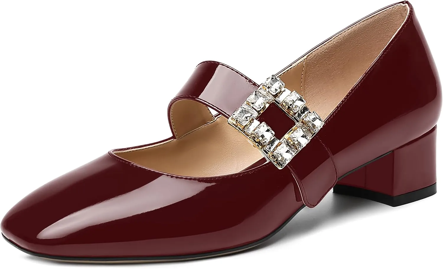 NUMALEO Womens Rhinestone Ankle Strap Wedding Dress Square Toe Patent Bungee Solid Chunky Low Heel Pumps Shoes 1.5 Inch
