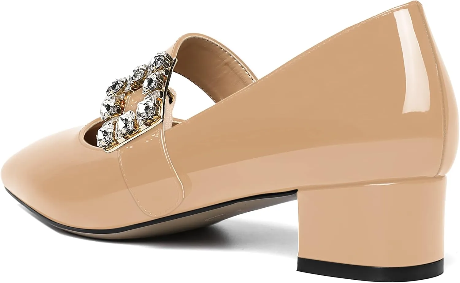 NUMALEO Womens Rhinestone Ankle Strap Wedding Dress Square Toe Patent Bungee Solid Chunky Low Heel Pumps Shoes 1.5 Inch