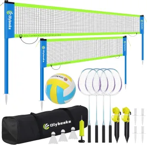 Outdoor Professional Volleyball & Badminton Net Set With 2 Nets, Portable Volleyball Badminton Combo Set for Backyard, Beach with Adjustable Poles, 4 Aluminum Rackets, PU Volleyball, Carry Bag