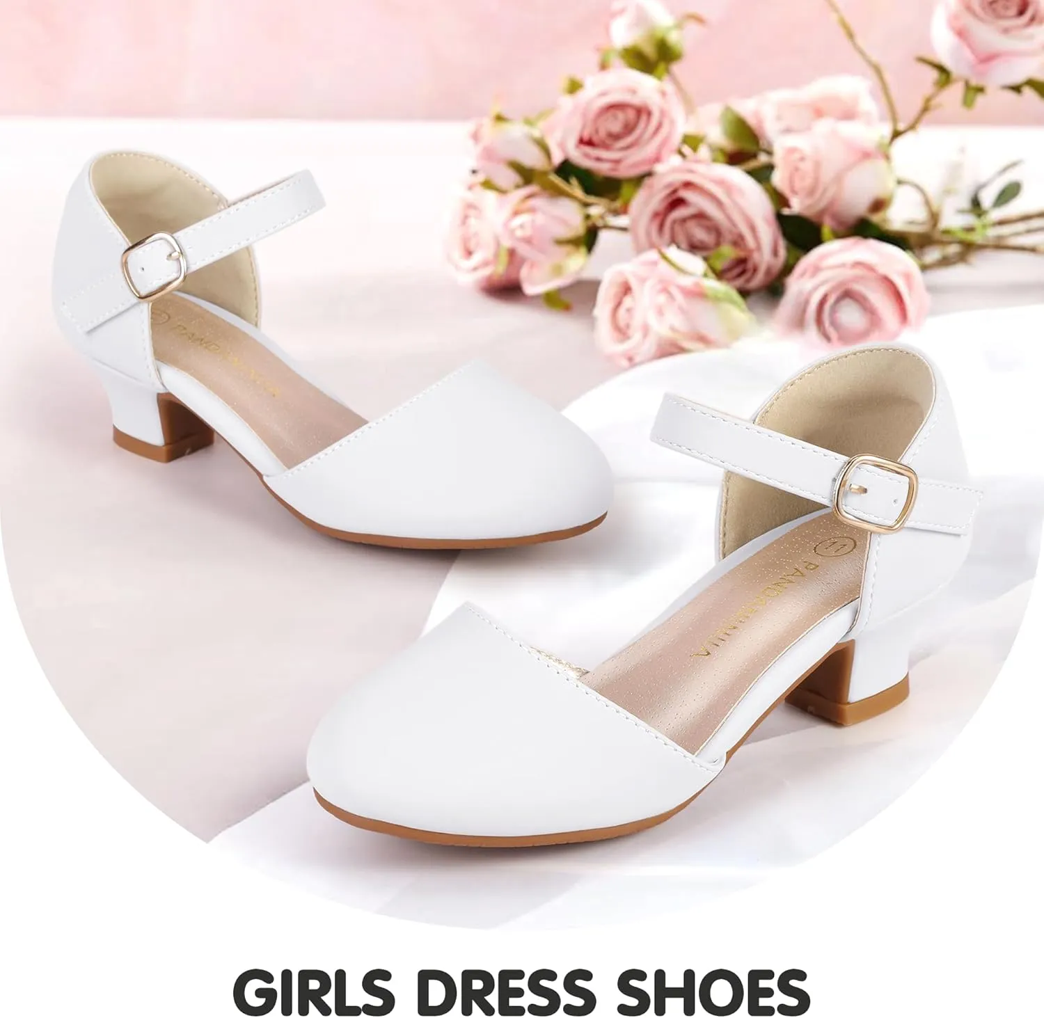 PANDANINJIA Girls Heels Dress Shoes Flower Girl Ankle Strap Closed Toe Toddler Heels Wedding Party Little Big Kids Pump Shoes