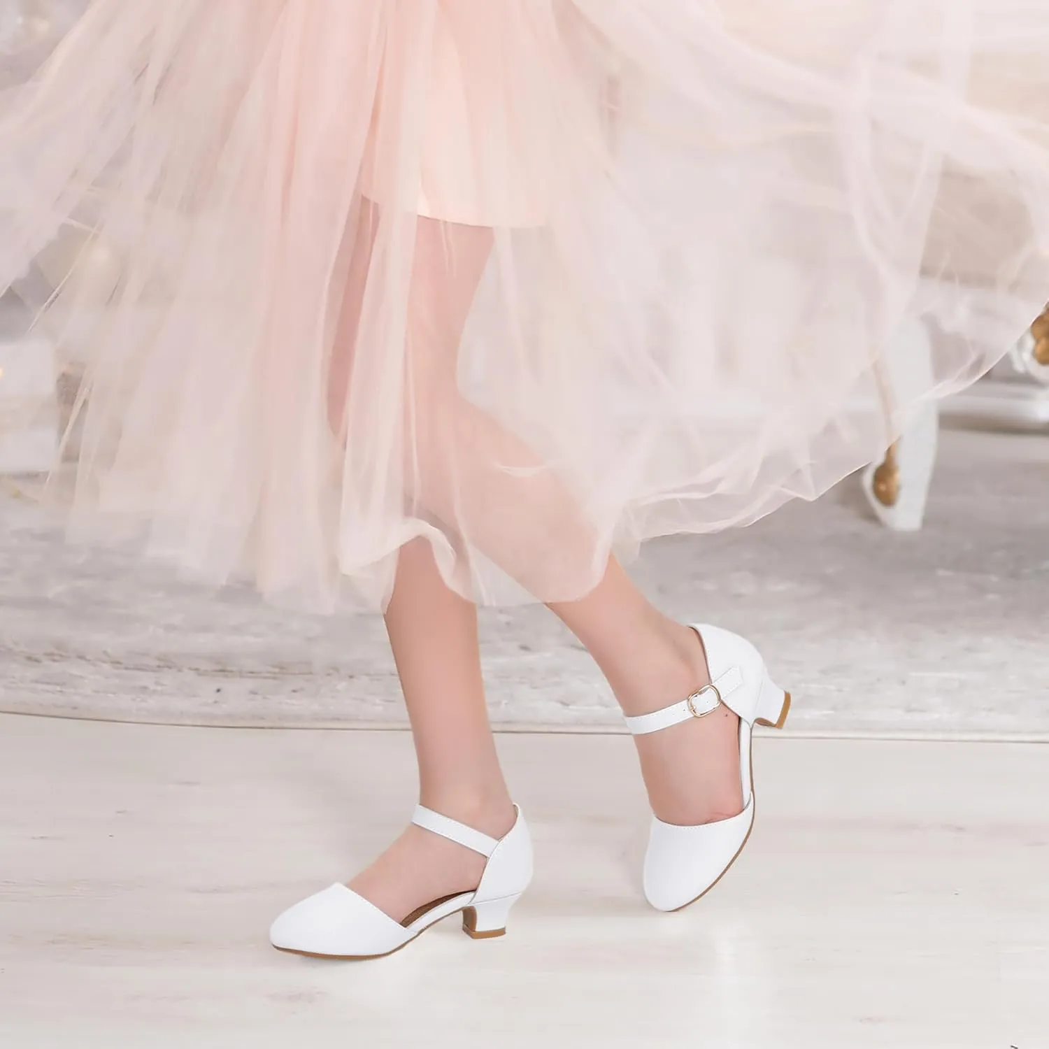 PANDANINJIA Girls Heels Dress Shoes Flower Girl Ankle Strap Closed Toe Toddler Heels Wedding Party Little Big Kids Pump Shoes